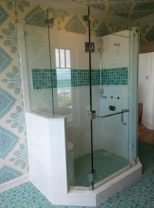 free standing shower with beautiful glass enclosure