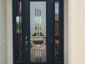 front entry door with fancy modern frosted glass